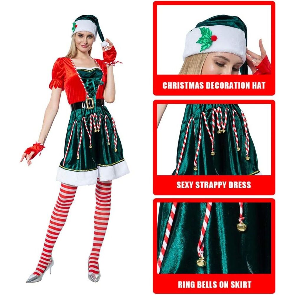 Women’s Christmas Elf Costume Green Dress Set with Hat & Accessories – Size L